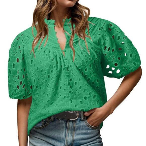 NWT Pretty Garden Eyelet Puff Sleeve Blouse Top Kelly Green Womens Size S - Picture 2 of 9
